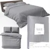 A collage of images showing a grey striped satin bedding set, including a duvet and pillows on a bed, and a packaged set. Produktbild-Vorschau