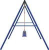 A blue A-frame swing set with three blue seats hanging from ropes. Produktbild-Vorschau