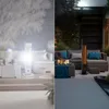 A split image showing an outdoor patio setting with furniture and a heater. The left side is bright and airy, while the right side is at night with the heater illuminated. Náhled obrázku produktu