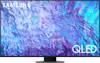 A Samsung QLED TV on a stand, displaying a colorful abstract image. Produktbild-Vorschau