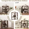 A collage of four images showing a brown wooden bookshelf in different room settings, with text overlays indicating suitability for various occasions. Produktbild-Vorschau