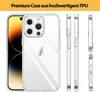 A clear phone case is shown from multiple angles, with a phone inside, and text describing the product. Produktbild-Vorschau