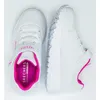 A pair of white Skechers sneakers with pink accents, shown from a top-down perspective. Voir les images du produit