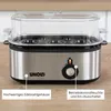 A UNOLD egg cooker is shown on a wooden surface, with labels pointing to its features. Produktbild-Vorschau