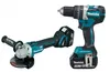 A cordless angle grinder and a cordless drill are shown side-by-side against a white background. Produktbild-Vorschau