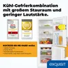 A collage showcasing a white refrigerator-freezer combination with various awards and product information. Produktbild-Vorschau
