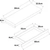 Diagrams showing the dimensions of a white shelf with a drawer. Náhled obrázku produktu