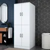 A white storage cabinet is shown in a bathroom setting with a mirror and a laundry basket. Produktbild-Vorschau