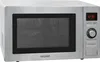 A front view of a silver microwave oven. Produktbild-Vorschau
