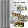 Collage of outdoor spaces where curtains can be used, including a porch, patio, gazebo, and pergola. A large gray curtain is shown on the left. Produktbild-Vorschau