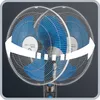 A close-up image of two oscillating fans with blue blades and white grilles, overlaid with white arrows indicating motion. Produktbild-Vorschau