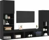 A black TV stand unit with multiple shelves and cabinets, displayed against a white background. Produktbild-Vorschau