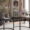 A living room scene with two round coffee tables, one in the foreground and one slightly behind it. The tables are black and have metal legs. The larger table in the foreground has a tray with glasses and a vase of purple flowers. The background shows a la Voir les images du produit