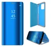 A collage of images showing a blue flip phone case with a clear view front cover. Produktbild-Vorschau