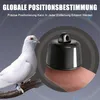 A white pigeon is shown on the left, and a black tracking device is held on a finger on the right, with text overlays. Produktbild-Vorschau