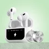 White wireless earbuds and charging case with two coin cell batteries on a textured surface against a light green background. Voir les images du produit