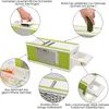 An image showing a multi-functional vegetable slicer with various features highlighted by callouts and text. Produktbild-Vorschau