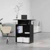 A black reception desk with shelves and storage boxes, placed in a modern office or living room setting. Anteprima dell’immagine prodotto