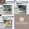 A collage of four images showing a kitchen cabinet drawer organizer with different kitchen items, and a marketing graphic. Produktbild-Vorschau