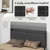 A close-up view of a bed frame's headboard with descriptive text and images highlighting its features. Produktbild-Vorschau