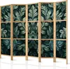A five-panel room divider with a dark green botanical leaf pattern and a light wood frame, shown against a white background. Podgląd zdjęcia produktu