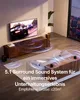 A living room setup with a TV, soundbar, and speakers, illustrating a surround sound system. Produktbild-Vorschau