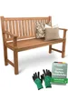 A wooden garden bench with two decorative pillows and a pair of gardening gloves, along with a product information card. Produktbild-Vorschau