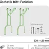 Two pastel green metal table legs are shown against a light gray background, with accompanying text and diagrams detailing their specifications and included hardware. Produktbild-Vorschau