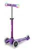 A purple three-wheeled scooter with illuminated handlebars and wheels, presented against a white background. Produktbild-Vorschau