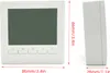 A front and side view of a white thermostat with a digital display and buttons, with dimensions indicated by red lines and text. Náhľad obrázku produktu