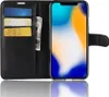 A black leather wallet case for an iPhone is shown open, displaying cards and cash inside, with the iPhone screen visible. Produktbild-Vorschau