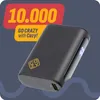 A black power bank with a digital display is shown against a dark blue background with red and yellow graphic elements. Produktbild-Vorschau