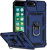 A blue iPhone case with a sliding camera cover and a ring holder is displayed from multiple angles. Produktbild-Vorschau