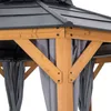 A close-up view of the wooden frame and dark gray roof of a gazebo, with gray curtains visible. Náhled obrázku produktu