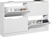 A white shoe cabinet with multiple compartments, some open to reveal shoes inside. Voir les images du produit
