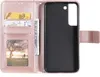 A pink flip case for a Samsung Galaxy S22 5G phone, open to reveal card slots and a photo frame. Produktbild-Vorschau