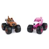 Two monster trucks, one designed to look like Scooby-Doo and the other like a pink poodle, are shown against a white background. Voir les images du produit