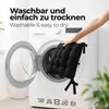 A hand is holding a black seat cushion in front of an open washing machine. Produktbild-Vorschau