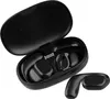 A pair of black wireless earbuds and their charging case are displayed against a white background. One earbud is shown outside the case. Produktbild-Vorschau