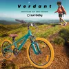 A child walks on a mountain path next to a teal bicycle with yellow tires. The background shows a scenic mountain landscape. Produktbild-Vorschau