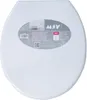 A white toilet seat lid with a label showing product information. Produktbild-Vorschau