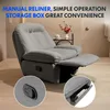 A gray recliner chair with its footrest extended, set in a room with a side table and flowers. Insets show a close-up of the recliner's lever and a storage compartment. Produktbild-Vorschau