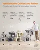 A man is standing next to several cat trees of different sizes, with text explaining the sizes and colors available. Produktbild-Vorschau