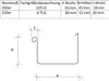A diagram showing dimensions and specifications for a gutter system component. Produktbild-Vorschau