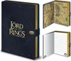 A collage of images showing a Lord of the Rings themed notebook, including its cover, an open page with a map, and an open page with lined paper. Náhled obrázku produktu