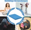 A collage of images showing different uses of a blue floor mattress, including meditation, children playing, camping, and as an extra bed. Produktbild-Vorschau
