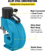 A blue hydraulic punch tool with text overlays describing its features. Produktbild-Vorschau