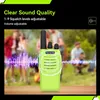 A bright green walkie-talkie is shown in the foreground with blurred people in the background. Sound wave graphics emanate from the walkie-talkie. Produktbild-Vorschau