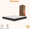 A mattress and its packaging are displayed with marketing badges and brand logo. Produktbild-Vorschau
