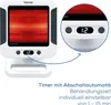 A close-up view of an infrared heat lamp with a digital display and text describing its features. Produktbild-Vorschau